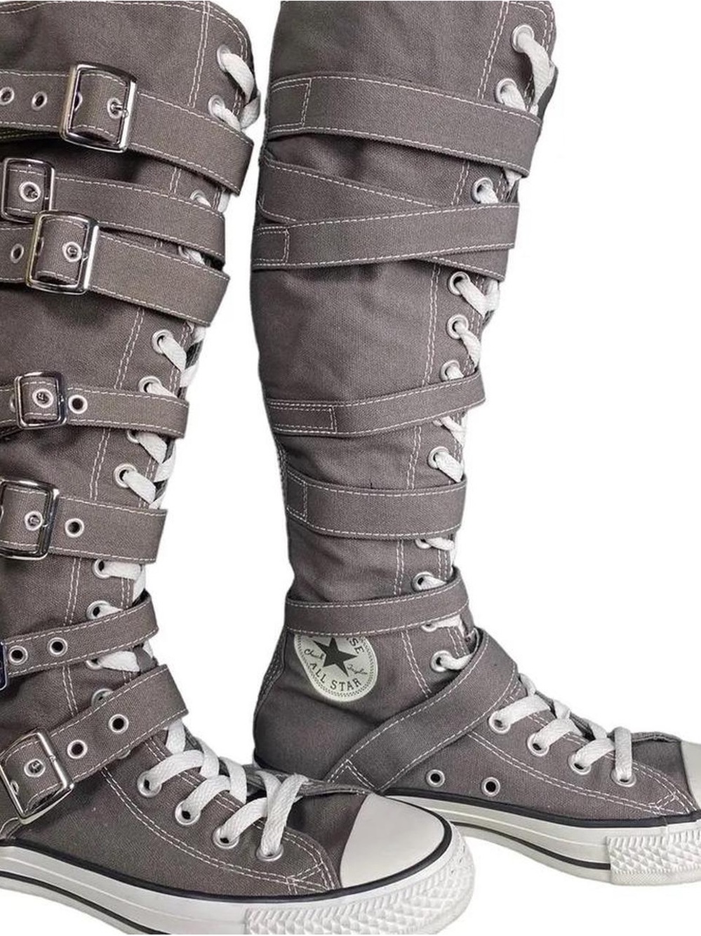 Converse Gray Lace-Up Knee-High Buckle Boots